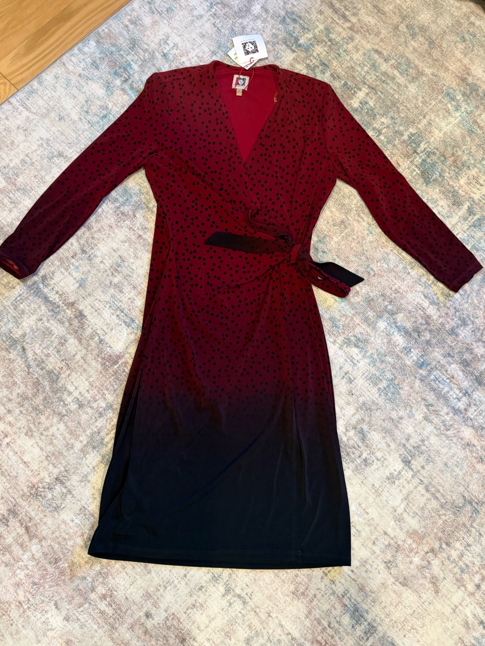 Anne Klein Burgundy to Black Ombre Polka Dot Wrap Midi Dress